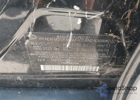 2011 Hyundai Sonata Gls z USA, uszkodzony, nr VIN 5NPEB4ACXBH258743